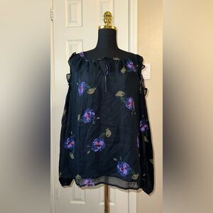 Sanctuary Women’s L Black Floral Cold Shoulder Blouse Long Sleeve Keyhole Boho